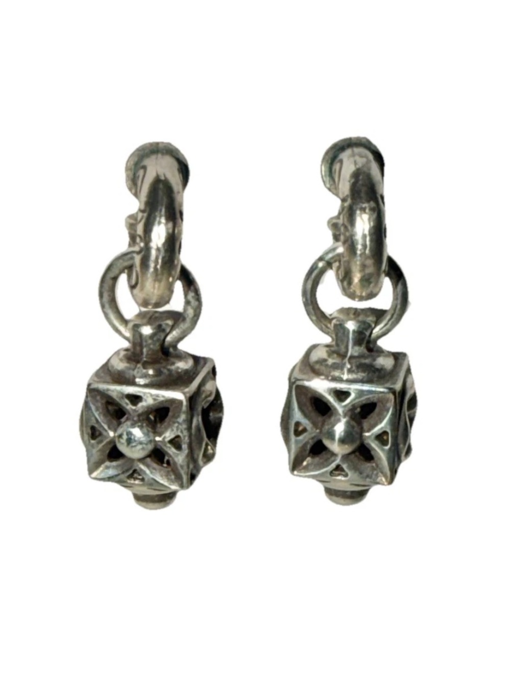 Brighton Silver Hoop Earrings Filigree Cube Charm Dangle VTG  Y2K